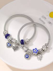 Set de 2 piezas de pulseras para niñas con cuentas con diseños de corazón, flor y ojo malvado - Multicolor - Ver 8