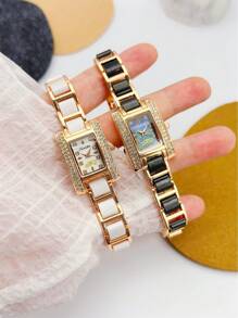 SUNLIFEX 1pc Square, Embellished With Diamonds, Exquisite, Fashionable, Elegant, Rose Gold, Women's Quartz Watch, Minimalist, High Quality, Gift For Women.