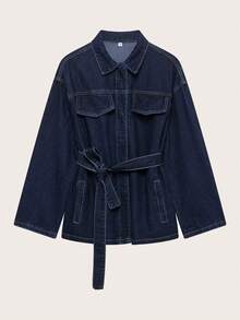 Retro Collar Denim Jacket With Belt, Suitable For Spring And Autumn