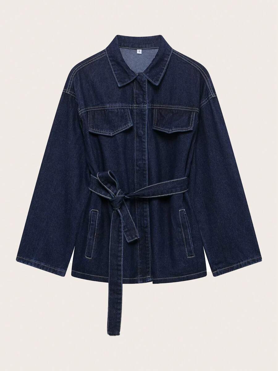 Retro Collar Denim Jacket With Belt, Suitable For Spring And Autumn