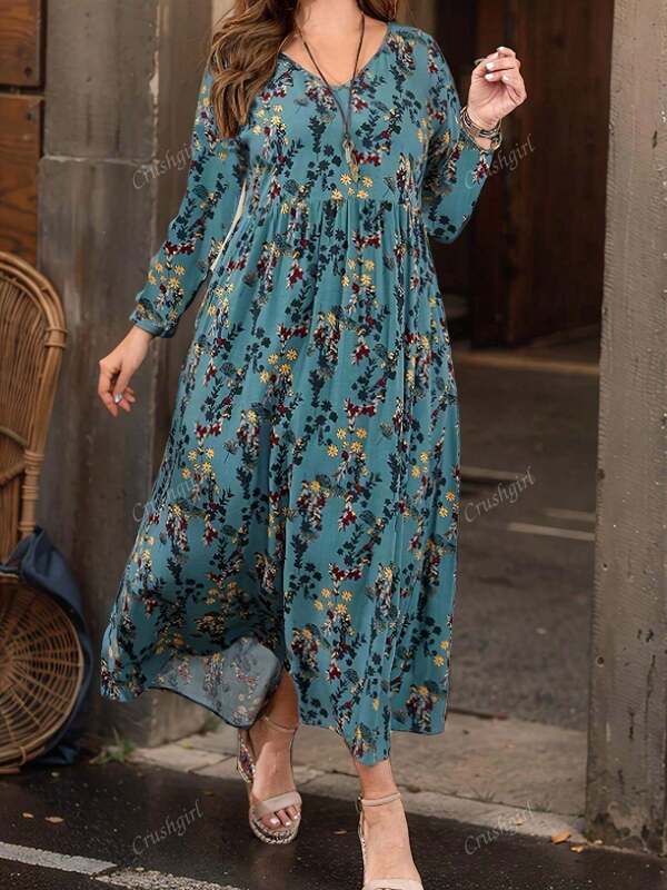 Plus-size dames gebreide jurk met bloemenprint en ruches aan de zoom, geschikt voor vakantie, casual, reizen en dates