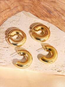 Set de 2/4/8 piezas de pendientes aro grandes con forma de C, exagerados, de estilo europeo y estadounidense hip-hop, chapados en oro - Pendientes CCB - Ver 7
