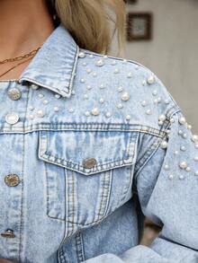 Mobula Sound 女士休闲时尚珍珠装饰短款牛仔夹克，百搭春夏装，适合音乐节、日常、返校、派对、旅行、机场 - 藍色 - 查看 7