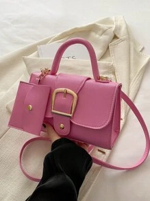 مجموعة من 2 حقيبة بمقبض علوي باللون الوردي، حقيبة كتف من جلد البولي يوريثان، حقيبة يد أنيقة للنساء مع محفظة نقود