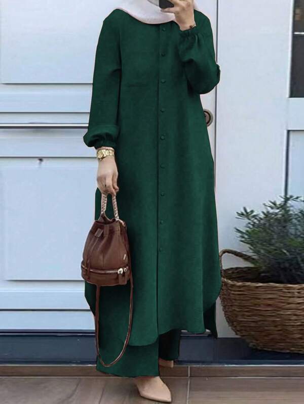 Women Elegant Solid-Color Button Side Slit Long Jacket With Lantern Sleeve Top And Wide-Leg Pants Set, Fashionable Casual Graceful Cute Arabic Style 2 Pieces Dress, Suitable For Spring, Summer, Autumn, Winter