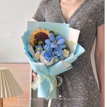 1pc Romantic Knit Flower Bouquet, Practical Yarn Tulips And Roses Bouquet Gift For Girlfriends, Useful Birthday Present