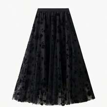 Long Embroidered Tulle Skirt - Light And Romantic, 100% Polyester - Black - View 2