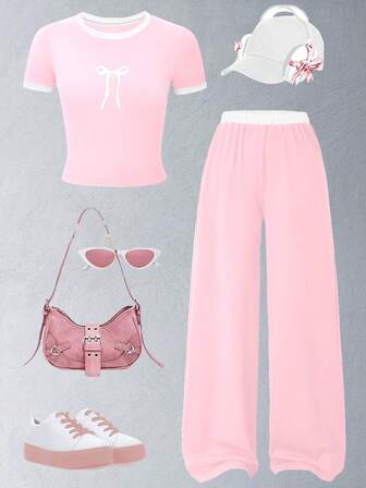 2pcs/Set Girls' Fashion Casual Minimalist Bow Print Black T-Shirt And Loose Straight Pants Sports Suit, Suitable For School, Gatherings, Outdoor Activities And Daily Wear