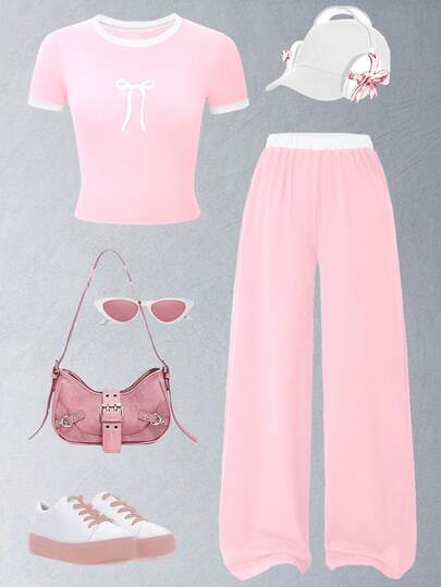 2pcs/Set Girls' Fashion Casual Minimalist Bow Print Black T-Shirt And Loose Straight Pants Sports Suit, Suitable For School, Gatherings, Outdoor Activities And Daily Wear