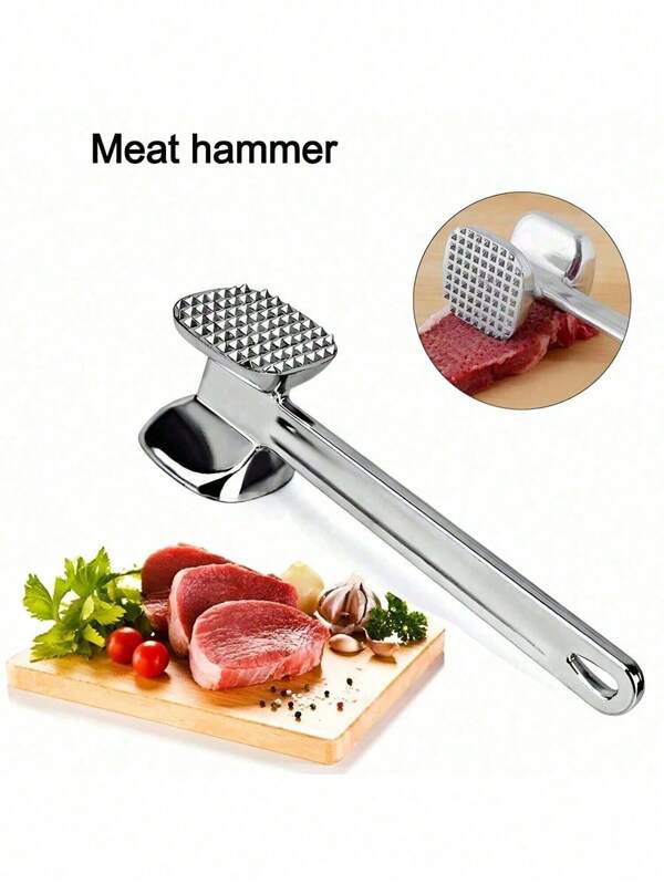 1pc Stainless Steel Meat Tenderizer, Double-Sided Meat Hammer, Steak Hammer, Kitchen Utensil, Meat Tenderizing Tool, Suitable For Picnics, Travel, Camping, Barbecues - Metal Material