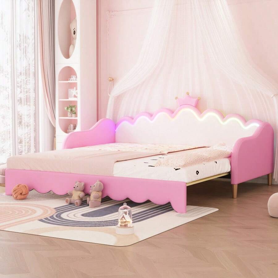 Twin Extending Daybed With LED Lights, Modern Upholstered Princess Daybed With Crown Headboard,Pink-1287 - Multicolor - View 1