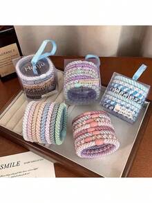 8件套简约优雅发圈/发绳套装，高弹力不伤发，时尚马尾辫配饰，女士马尾辫发圈，发绳发带，运动健身服 - 彩色 - 查看 2