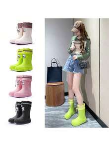 Women's Waterproof Drawstring Rain Boots, Fashion Mid-Calf Rain Shoes, Lightweight Non-Slip Thick Sole Rubber Boots, Suitable For All Seasons, Essential For Rainy Season, Exclusive For Women - Multicolor - View 13