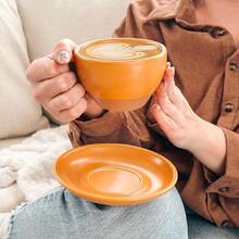 Mora Ceramic Latte Art Mug With Saucer - 10.5 Oz, Round Bottom Pours - Cafe Cups Cappuccino, Espresso, Coffee, Tea Etc - Porcelain Set Baristas, Great - Chai Latte - 南瓜橙 - 查看 4