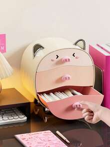 Cute Cartoon Pig Cosmetic Storage Box, Multi-Functional Desktop Makeup Organizer For Bedroom Vanity, Home Decor - Multicolor - View 7