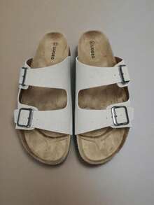 Fashionable Casual Beige Suede Slip-On Mule Sandals, Unisex Adjustable Dual Metal Buckle Non-Slip Soft Cork Bottom Slip-On House Slippers, Suitable For Christmas, Halloween, Home, Date, Shopping, Commuting, Party, Beach Holiday