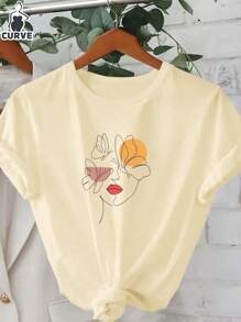 T-shirt da donna con grafica volto femminile in stile lineare, taglie comode, casual e adatta all'uso quotidiano
