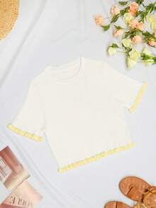 女士优雅假日/毕业针织上衣，休闲短袖米黄色荷叶边下摆针织套头衫，夏季 - 白色 - 查看 8