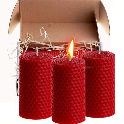 3pcs Bee Wax Candles Gift Set. Colored Bee Wax Pillar Candles With Honey Fragrance - Made Of Honeycomb Wax Material, For Gifts And Home Decor (Red/Yellow/Blue/Dark Red, Size: 10*5cm)