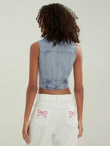 Women's Button-Up Denim Vests V-Neck Sleeveless Jean Waistcoat Crop Jacket Streetwear - Blue - View 6