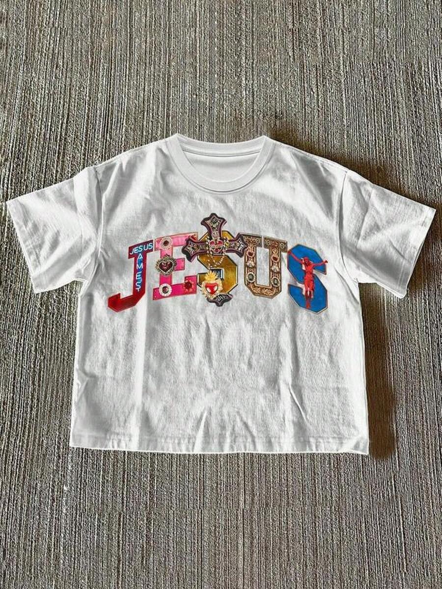 Men's Jesus Print Round Neck Graphic Tee, Vintage Casual Short Sleeve T-Shirt For Daily Wear, Men's Summer Outfit, Top - 白色 - 查看 1