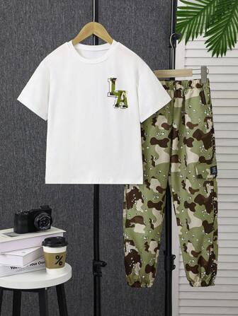 2pcs Boys Summer Casual White Letter Print T-Shirt & Camo Cargo Shorts Set, Suitable For 8-12 Years Old