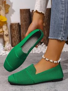 Women's Knitted Flat Square Toe Loafers, Comfortable Breathable Mom Shoes, Spring And Autumn - Green - View 6