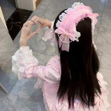1pc Lolita Style Girl Faux Pearl Bow Lace Headband + Cute Countryside Themed Headpiece Ribbon Maid Headdress, Suits 2D Lolita Halloween