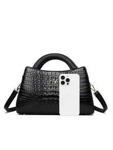 1 件时尚鳄鱼纹仿皮斜挎包 - 纯色大容量单肩包，拉链开合，涤纶衬里，边缘涂漆细节，适合旅行和通勤