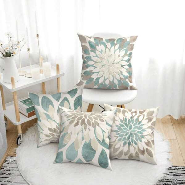 4pcs Retro Floral Pattern Cushion Covers, Linen Blended Zipper Pillow Covers, Single Sided Printed Decorative Throw Pillows For Sofa, Bedroom, Living Room, Outdoor, Nordic Style Home Decor, Inner Pillow Not Included