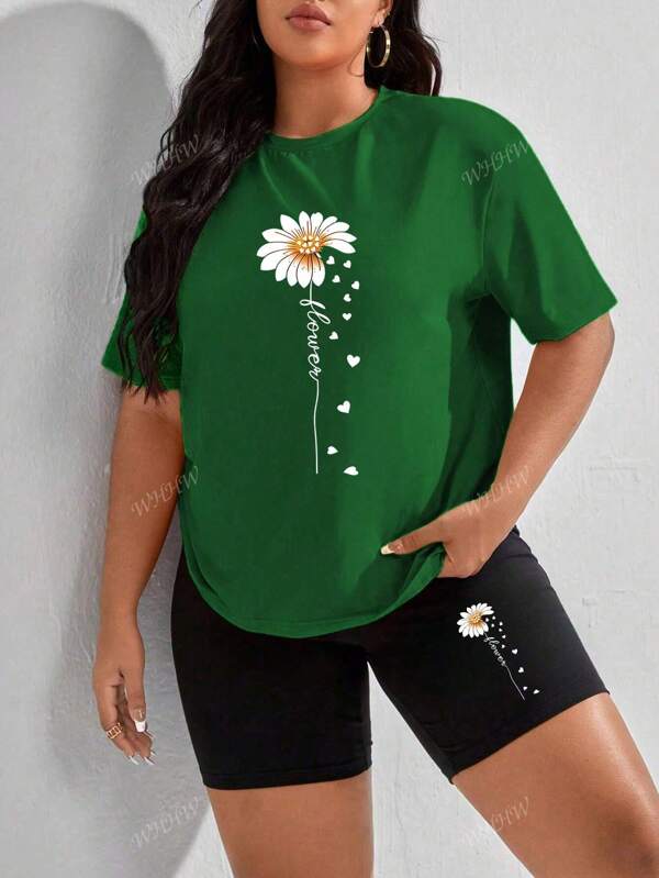 Plus Size Summer And Spring Women's Clothing, Floral Print T-Shirt, Short-Sleeved Round Neck Casual Top