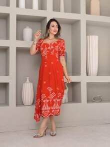 Vitoria Elegant Printed Midi Dress. Evangelical Short Sleeves - 橘色 - 查看 3