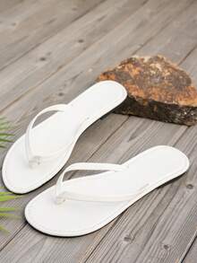 1 Pair Women's 2025 New Brown Woven Flat Thong Sandals, Round Basic Style, Casual Chic Vacation Vibe, Summer - White - View 6