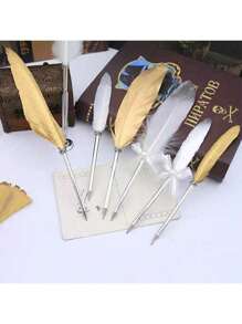 1pc Retro European British Style Gold Feather Pen, Creative Stationery For Students, Teachers, Wedding Guests, Calligraphy Enthusiasts, Writing Instrument, Signature Tool, Wedding Favors, Holiday Gifts, Christmas, New Year, Valentine's Day, Teacher's Day, Birthday