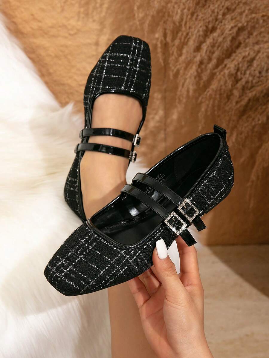 女士方头平底鞋，玛丽珍PU软皮套脚鞋，法式双水钻搭扣平底鞋，透气休闲平底鞋，优雅休闲时尚平底鞋，绒面芭蕾平底鞋，休闲时尚百搭女鞋，通勤度假两相宜，尺码偏小半码 - 黑色 - 查看 1