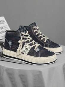 Men's Retro High-Top Skateboard Shoes, Comfortable Anti-Slip Casual Lace-Up Canvas Sneakers Suitable For Outdoor Activities