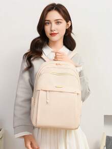 LECEY 1 件纯色简约大容量尼龙拉链背包，学生包，旅行包，双肩/手提，学校背包 - 白色 - 查看 7