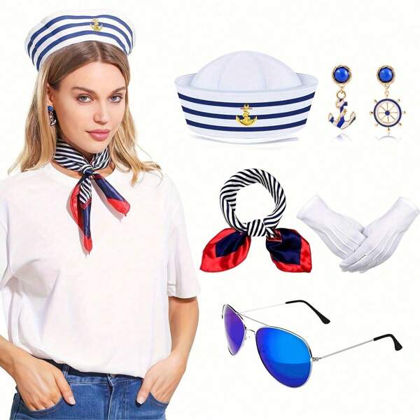 Conjunto de 5 piezas de accesorios de ropa de mujer de estilo marinero, incluyendo sombreros de marinero, gafas de sol, guantes, bufandas, pendientes, favoritos para fiestas de navegación de marinero de la Marina