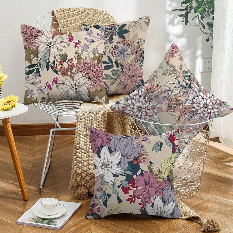 The Latest Best-Selling Spring Flower Series Pillowcase 4-Piece Set, Polyester Short Plush Sofa Cover (Without Pillow Core)