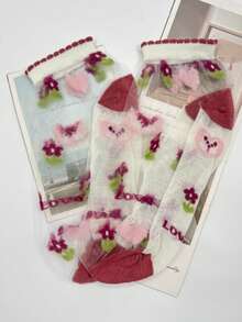 5 Pairs (Random Assortment) Women's Cartoon Bear & Ditsy Floral Pattern Elegant & Sweet Glass Silk Short Socks, Breathable Casual Wear Suitable For Spring/Summer - Multicolor - View 7