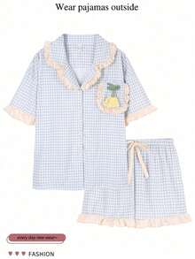 1 Bộ Của phụ nữ Checkered Ngắn tay Đồ ngủ Với Ngực đơn Khép kín , Ngắn tay , Mềm mại Và Thoải mái Nhà  Mặc Cho mùa hè - Màu be - Xem 1