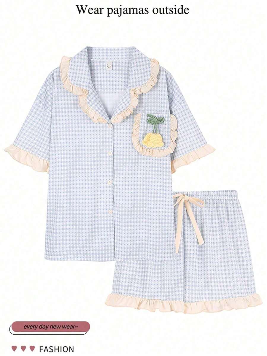 1 Bộ Của phụ nữ Checkered Ngắn tay Đồ ngủ Với Ngực đơn Khép kín , Ngắn tay , Mềm mại Và Thoải mái Nhà Mặc Cho mùa hè - Màu be - Xem 1