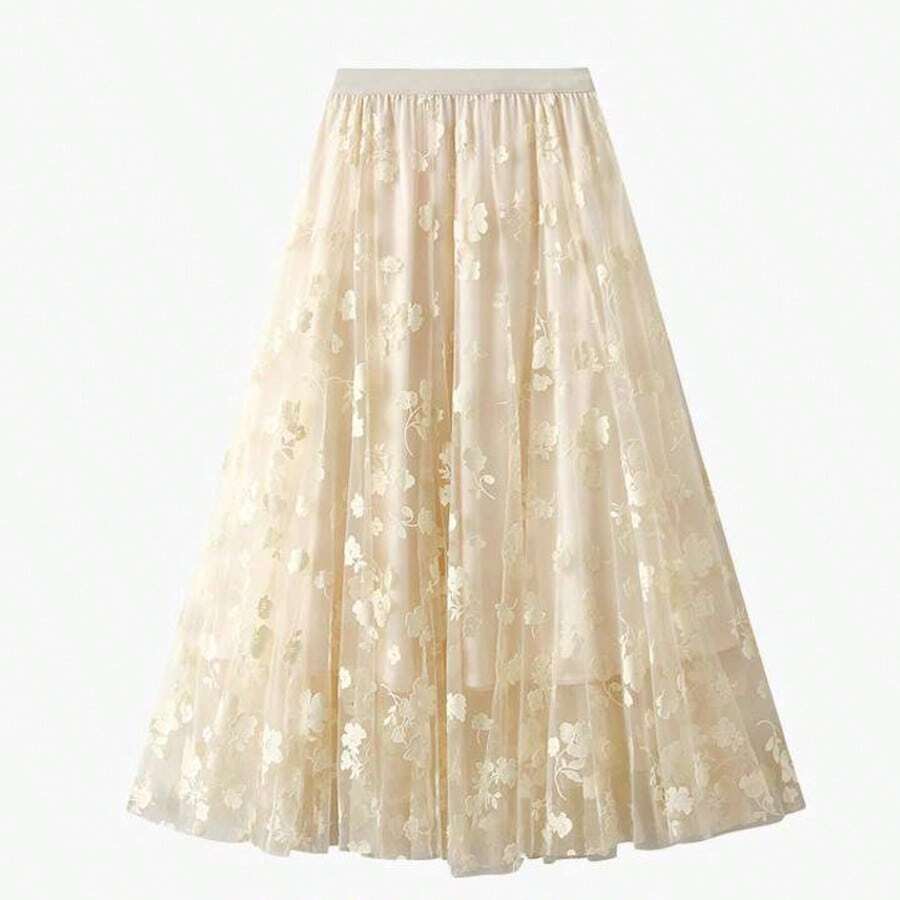 Long Embroidered Tulle Skirt - Light And Romantic, 100% Polyester - Apricot - View 1