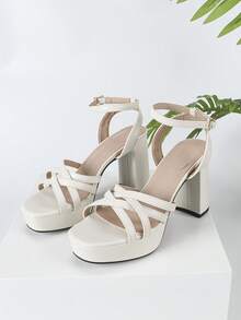 新款时尚粗跟凉鞋，方头交叉带，厚底鞋，女士，夏季休闲，优雅正装，防水台超高跟鞋