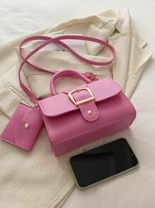 مجموعة من 2 حقيبة بمقبض علوي باللون الوردي، حقيبة كتف من جلد البولي يوريثان، حقيبة يد أنيقة للنساء مع محفظة نقود