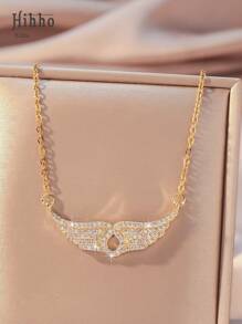 Hihho 1 pieza Collar colgante de lujo para mujer con gemas de circonita incrustadas en diseño de ala de ángel y gota de agua hueca, regalo de joyería