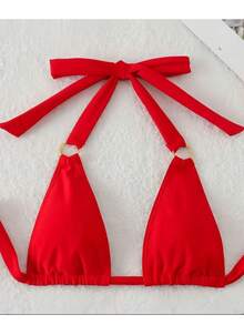 Bộ bikini hở lưng gợi cảm màu trơn thanh lịch vòng tròn dành cho nữ - Đỏ - Xem 1