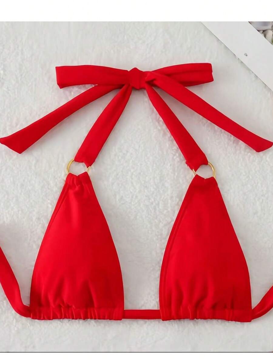 Bộ bikini hở lưng gợi cảm màu trơn thanh lịch vòng tròn dành cho nữ - Đỏ - Xem 1