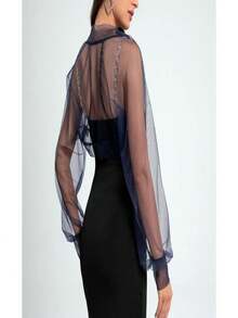 新款欧式轻薄长袖网眼透视新娘短上衣，简约性感透明新娘夹克秋季女士服装 - 藏青色 - 查看 2