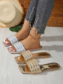 Damskie minimalistyczne uniwersalne płaskie złote plażowe kapcie na letnie wakacje